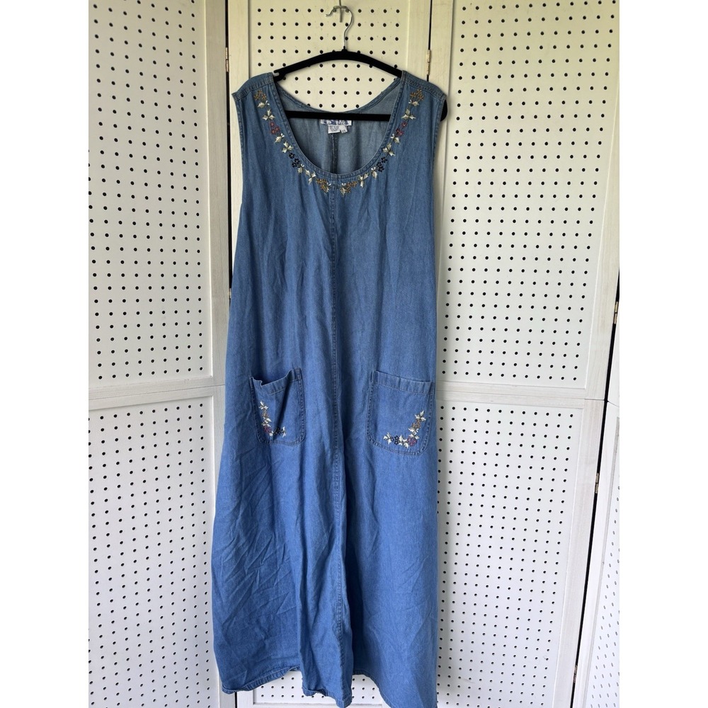 BFA Classics Womens 3X Denim Jumper Dress Embroidered Floral Pockets Side Button